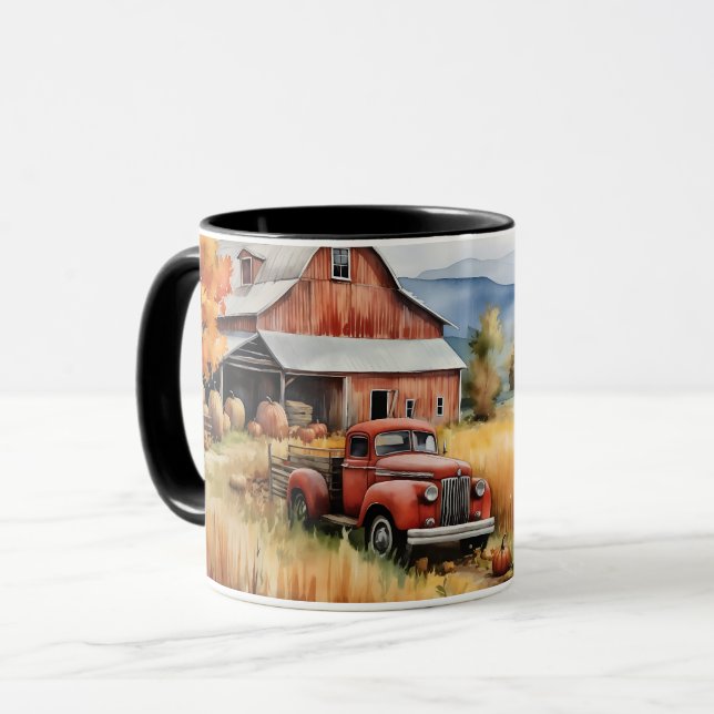 Caneca Caminhão de coleta antigo e Red Barn no outono (Frente Esquerda)
