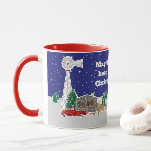 Caneca Caminhão Vermelho Natal com cabana e moinho (Com Donut)