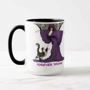 Caneca Camiseta Art Nouveau de Bruxa e Gato Jovem para Se