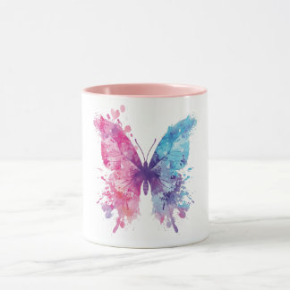 Caneca Camiseta de Borboleta com Aquarela Rosa e Azul – P