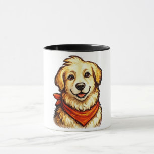 Caneca Camiseta do Cão Dourado Feliz Desenhado à Mão