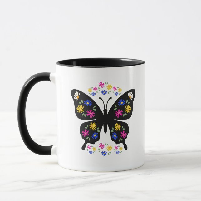 Caneca Camiseta mariposa con flores multicolor (Esquerda)