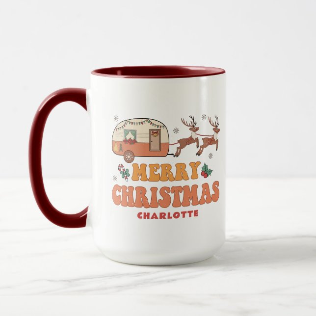 Caneca Camping Merry Christmas Reindeer Nome Personalizad (Esquerda)