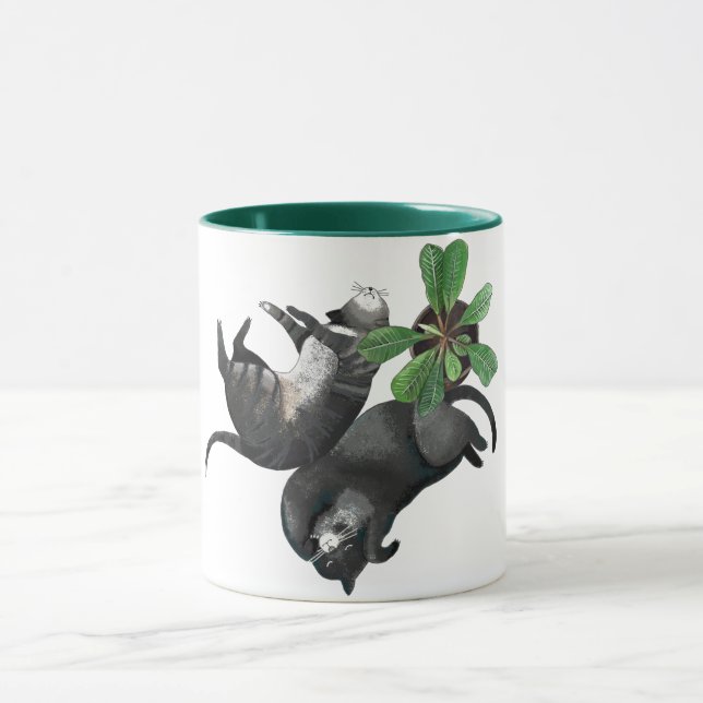 Caneca Caneca| Dois gatos mentem com uma planta (Centro)