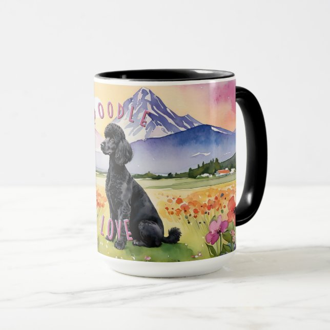 Caneca Canela de Poodle Negra, Fazenda personalizável (Frente Esquerda)