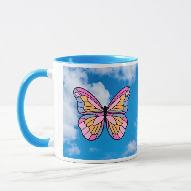 Caneca Caneta azul-borboleta rosa (Esquerda)