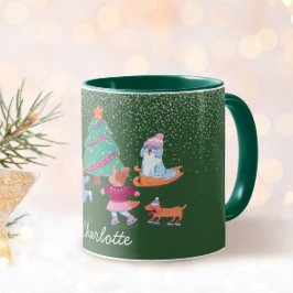Caneca Caninos Festivos Ice Skating Christmas Green Name