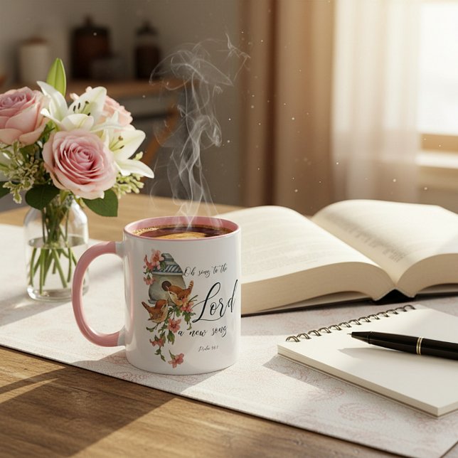 Caneca Cante para o Senhor uma nova canção. Aves e casa (Criador carregado)