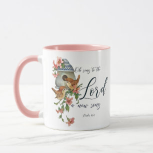 Caneca Cante para o Senhor uma nova canção. Aves e casa