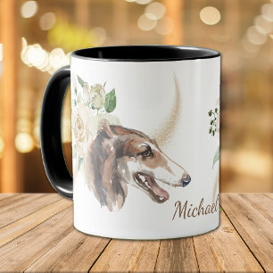 Caneca Cão Borzoi Buquê de Rosa Branco