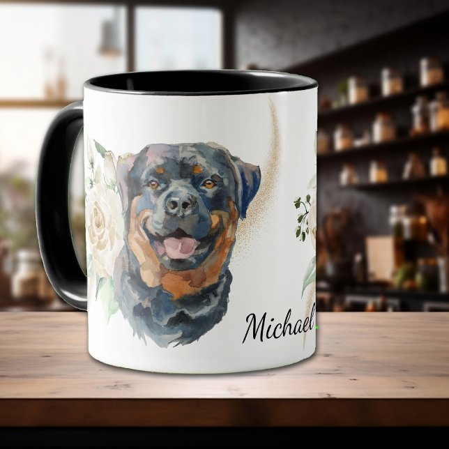 Caneca Cão de Rottweiler Buquê Rosa Branco (Criador carregado)