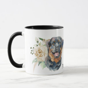 Caneca Cão de Rottweiler Buquê Rosa Branco