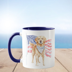 Caneca Cão Patriótico Bandeira Americana de Aquarela