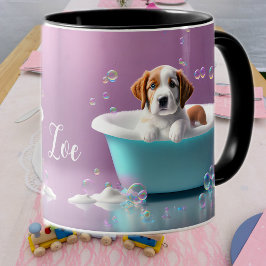 Caneca Cãozinho em uma banheira com bolhas de sabão