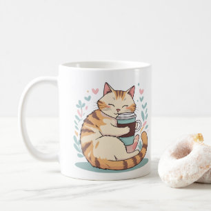 Caneca Caprichosa com Gato Fofo Abraçando Xícara d