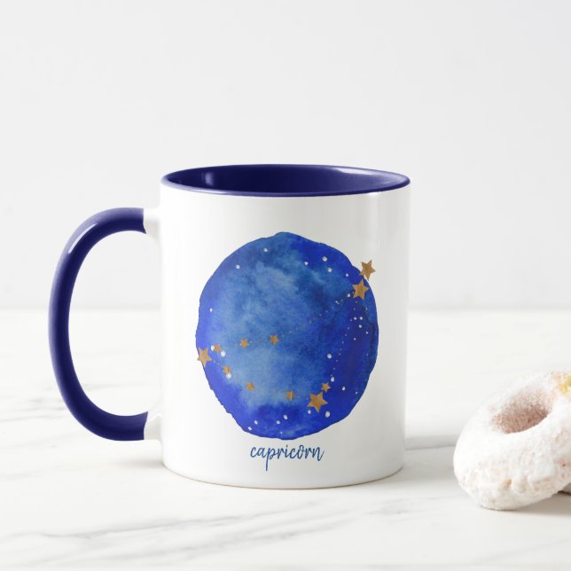 Caneca Capricorn Watercolor Sky Constelação Zodiac (Com Donut)