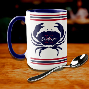 Caneca Caranguejo branco azul-marinho, monograma,