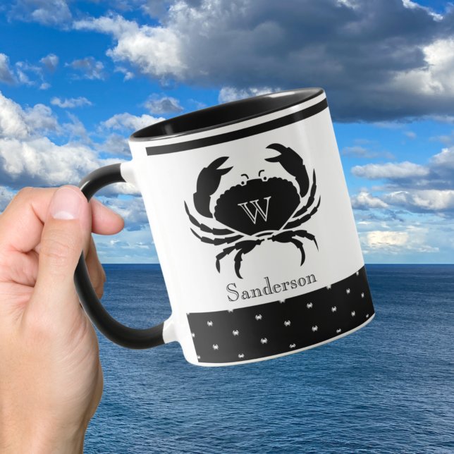Caneca Caranguejo náutico, preto e branco, monograma (Criador carregado)