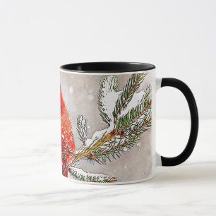 Caneca Cardeal num pinheiro no inverno