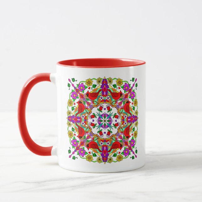 Caneca Cardeal vermelho e flores coloridas Mandala (Esquerda)