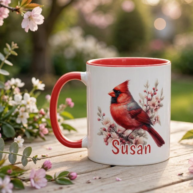 Caneca Cardinal em Aquarela Personalizado (Personalized Watercolor Cardinal Mug)