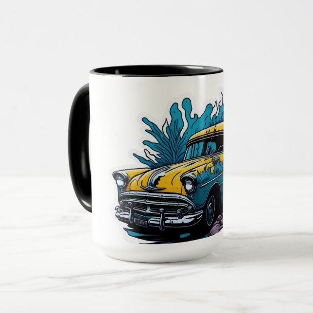 Caneca Carro Amarelo e Azul Esverdeado com Tinta Espalhad (Frente Esquerda)