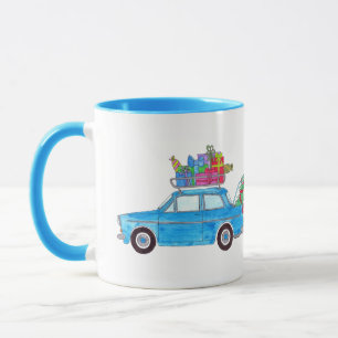 Caneca Carro Azul com Presente de Natal Aquarela