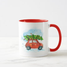 Carro de aquarela com árvore de Natal no topo
