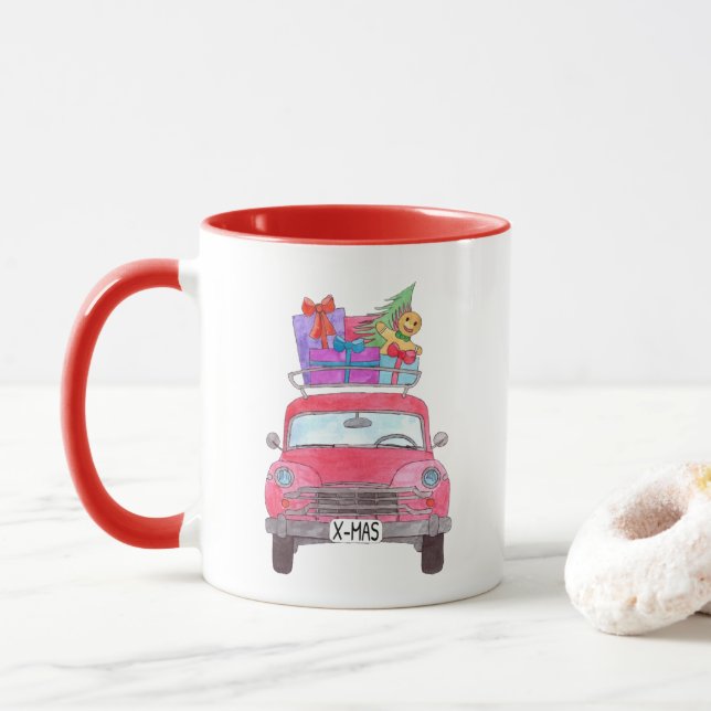 Caneca Carro Vermelho com presentes de Natal Mug de Aquar (Com Donut)