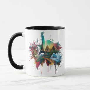 Caneca Cartaz de Colagem de Pontos Turísticos Coloridos d