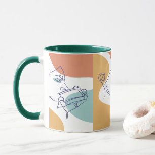 Caneca cartaz de desenho de arte linear de mulher bebendo