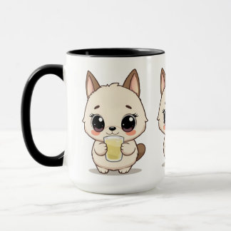 Caneca Cartoon bonito com cão adorável segurando uma bebi