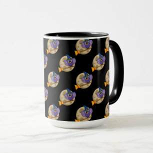Caneca Cartoon Mago Coruja Voando em Padrão de Vassoura