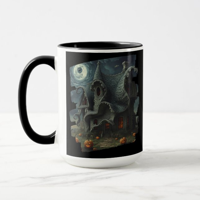 Caneca Casa Assustadora Surreal com Pumpkins e Lua (Esquerda)
