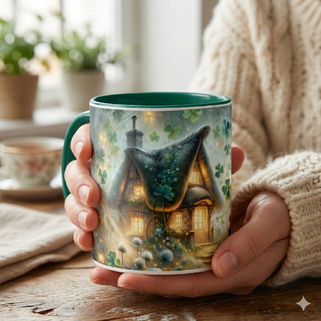 Caneca Casa de Fadas Trevo Brilhante (Shamrock Fairy Cottage Glow Mug)