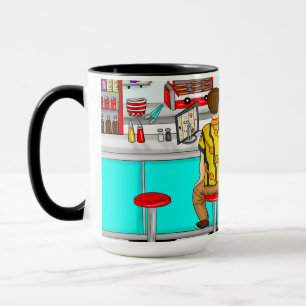 Caneca casal de 1950 segurando mãos no jantar