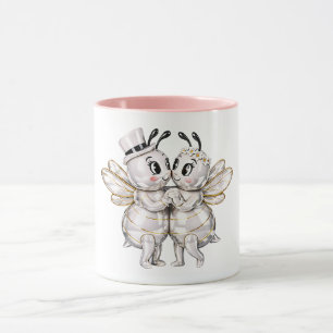 Caneca Casal de Abelhas Românticas de Casamento Fofo