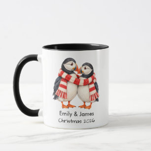 Caneca Casal de Puffins Minimalista no Natal