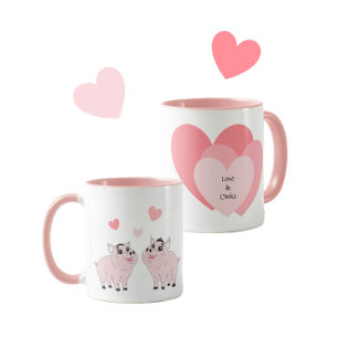 Caneca Casal fofo de porquinho rosa