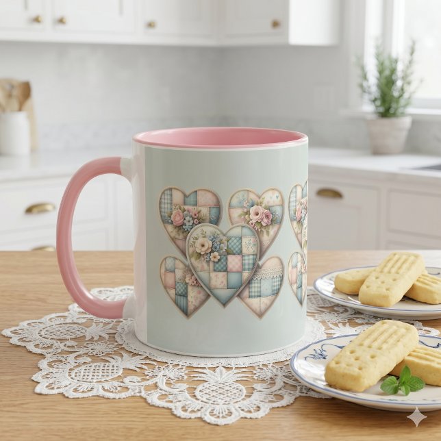 Caneca Casas de Campo Pastel Corações Remendados (Pastel Cottagecore Patchwork Hearts Mug)
