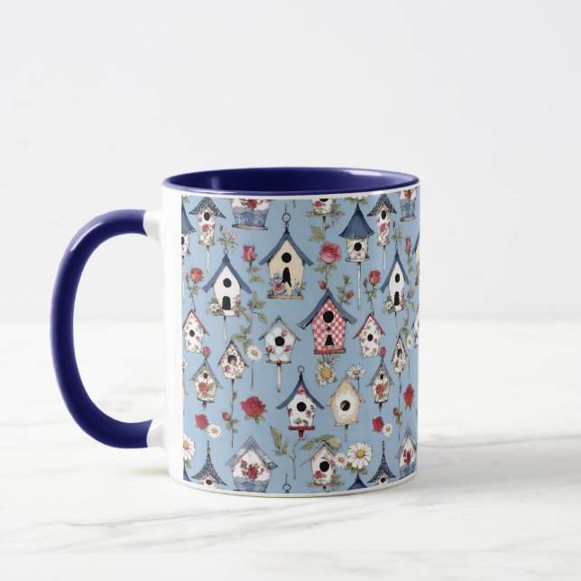 Caneca Casas de Pássaros em Patchwork Floral e Fundo Azul (Esquerda)