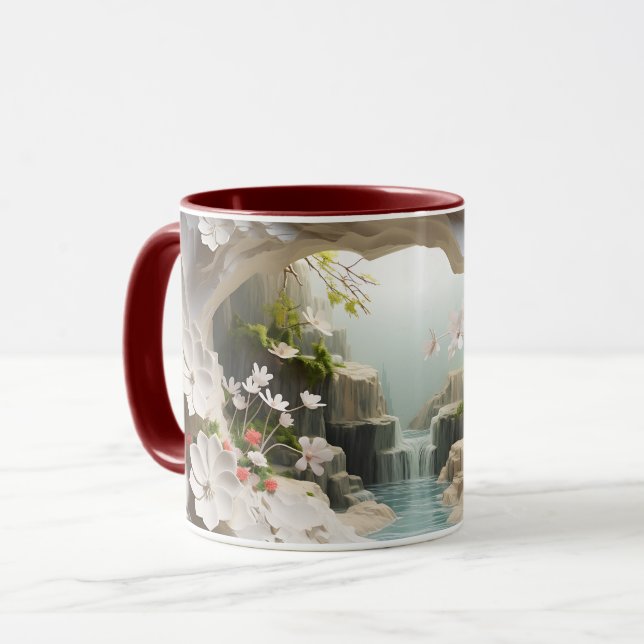 Caneca Cascata e flores brancas ☕ de café cerâmico (Frente Esquerda)