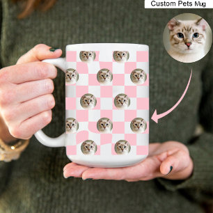 Caneca Cat Photo Collage Rosa claro Padrão de Xadrez Café