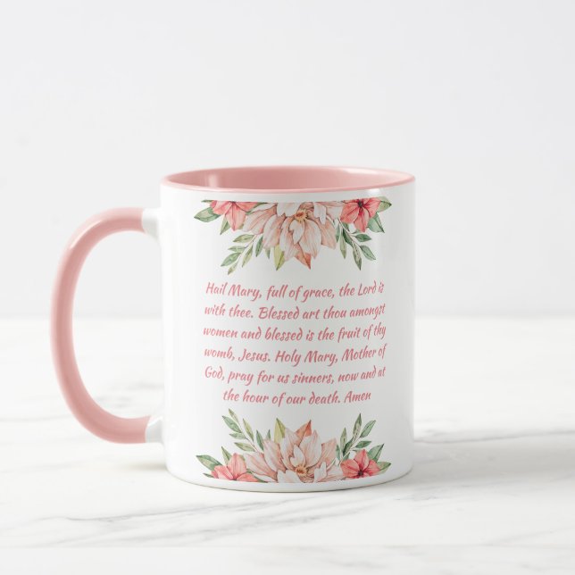 Caneca Católica rosa-rosa Ave Mary Prayer Mug (Esquerda)