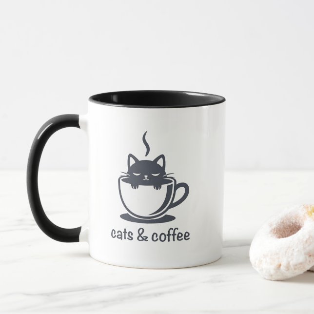 Caneca Cats and Coffee Minimalist Noir Feline Quote (Com Donut)