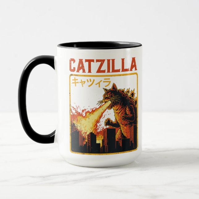 Caneca Catzilla Monstro de Gato Divertido Paródia Japones (Esquerda)