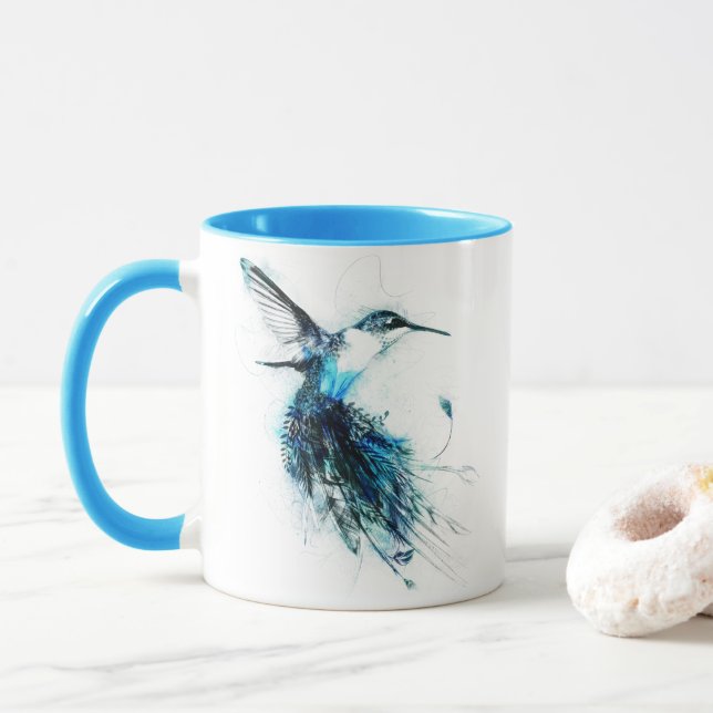 Caneca Cauda de Pena de Beija-flor em Aquarela (Com Donut)