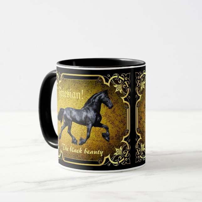 Caneca Cavalo da frísia, silhueta/ouro/caneca preta/preta (Frente Esquerda)