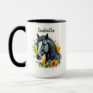 Caneca Cavalo Negro Cercado por Flores Personalizadas