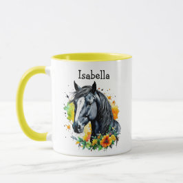Caneca Cavalo Negro Cercado por Flores Personalizadas
